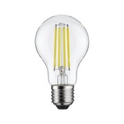 Klassische LED-Glühbirne mit transparentem Glas und gelben Filamenten für energiesparende Beleuchtung