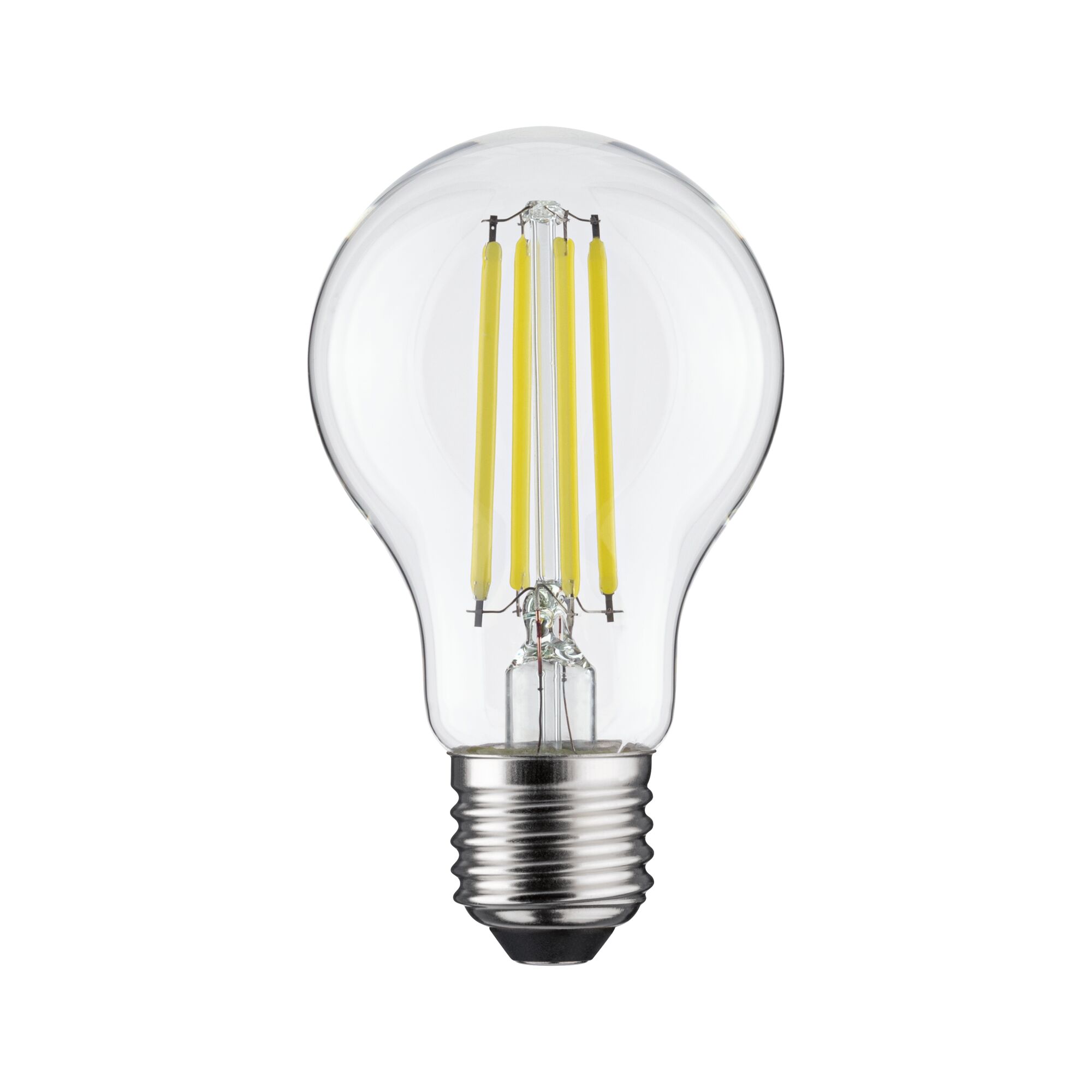Klassische LED-Glühbirne mit transparentem Glas und gelben Filamenten für energiesparende Beleuchtung