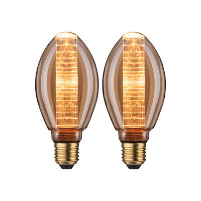 Zwei bernsteinfarbene LED-Leuchtmittel mit E27-Fassung und dekorativem Lichtmuster für stimmungsvolle Beleuchtung