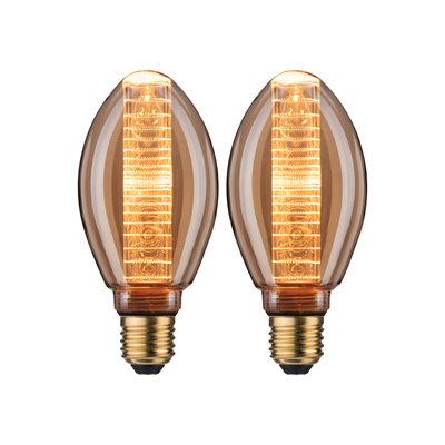 Zwei bernsteinfarbene LED-Leuchtmittel mit E27-Fassung und dekorativem Lichtmuster für stimmungsvolle Beleuchtung