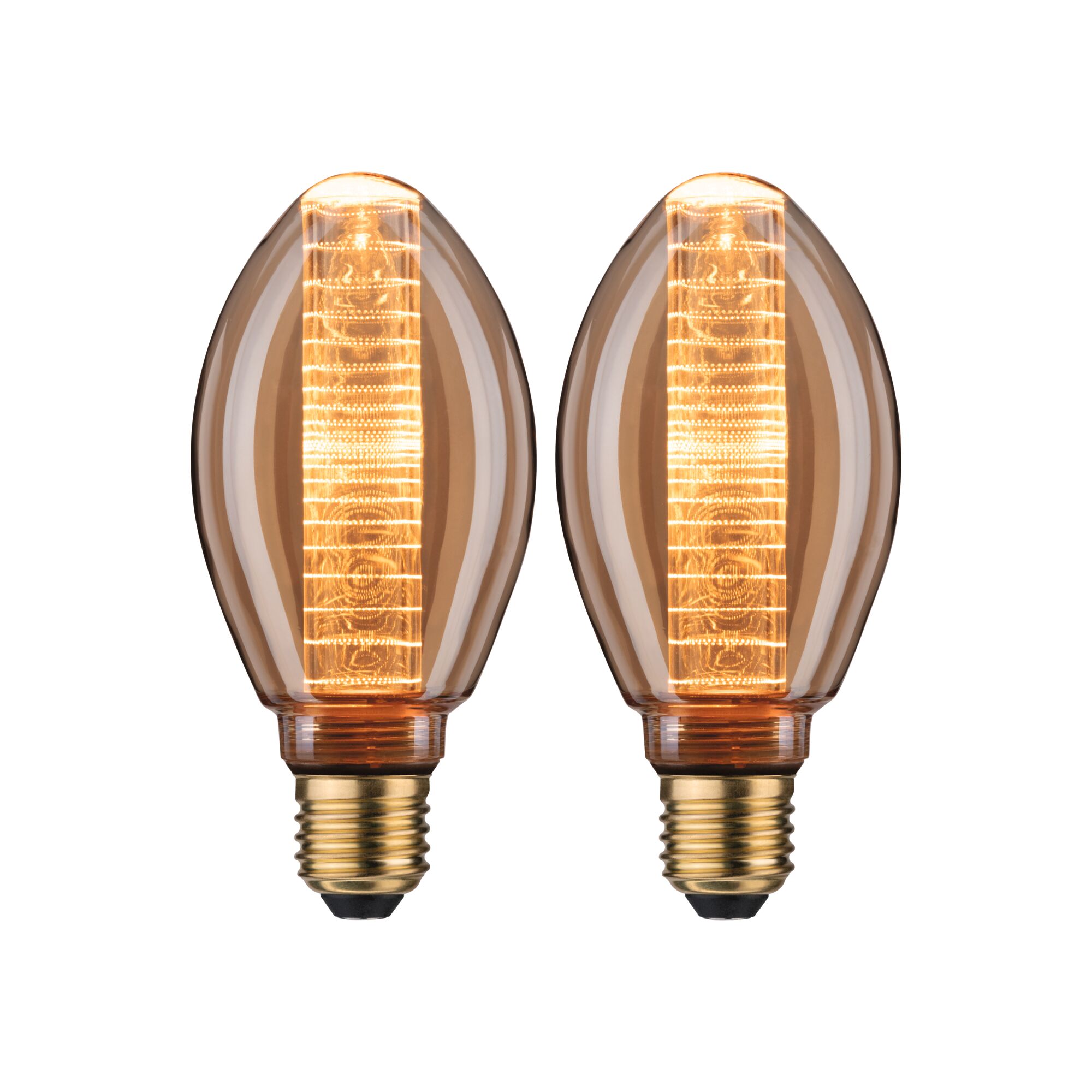 Zwei bernsteinfarbene LED-Leuchtmittel mit E27-Fassung und dekorativem Lichtmuster für stimmungsvolle Beleuchtung