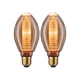 Zwei bernsteinfarbene LED-Leuchtmittel mit E27-Fassung und dekorativem Lichtmuster für stimmungsvolle Beleuchtung