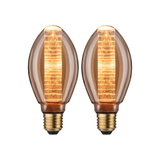 Zwei bernsteinfarbene LED-Leuchtmittel mit E27-Fassung und dekorativem Lichtmuster für stimmungsvolle Beleuchtung