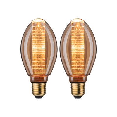 Zwei bernsteinfarbene LED-Leuchtmittel mit E27-Fassung und dekorativem Lichtmuster für stimmungsvolle Beleuchtung