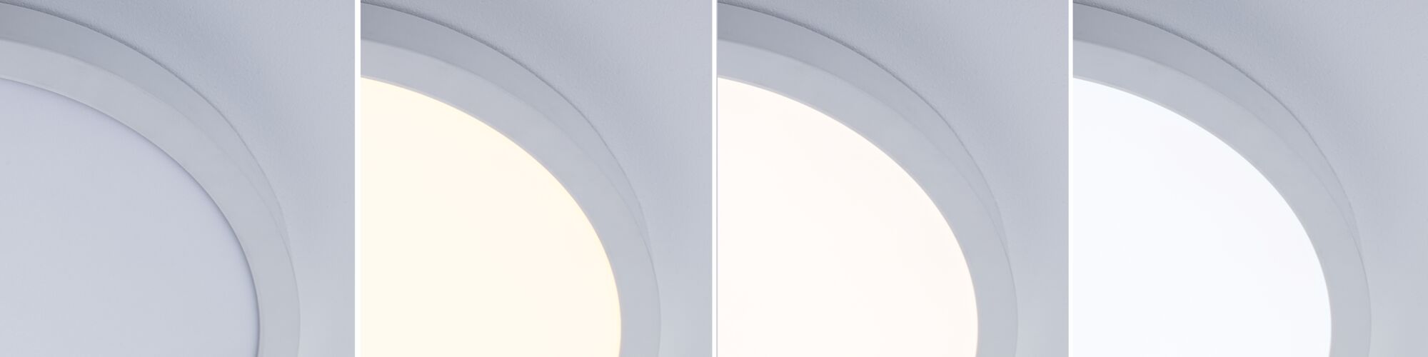 Vier Bilder einer runden Deckenleuchte in Weiß mit verschiedenen Lichtfarben von warm bis kalt