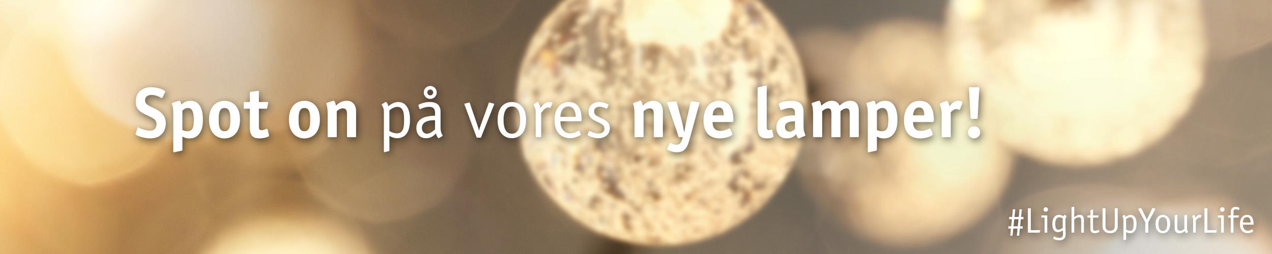 Bløde lyskugler i baggrunden med tekst om nye lamper og belysningstrends.