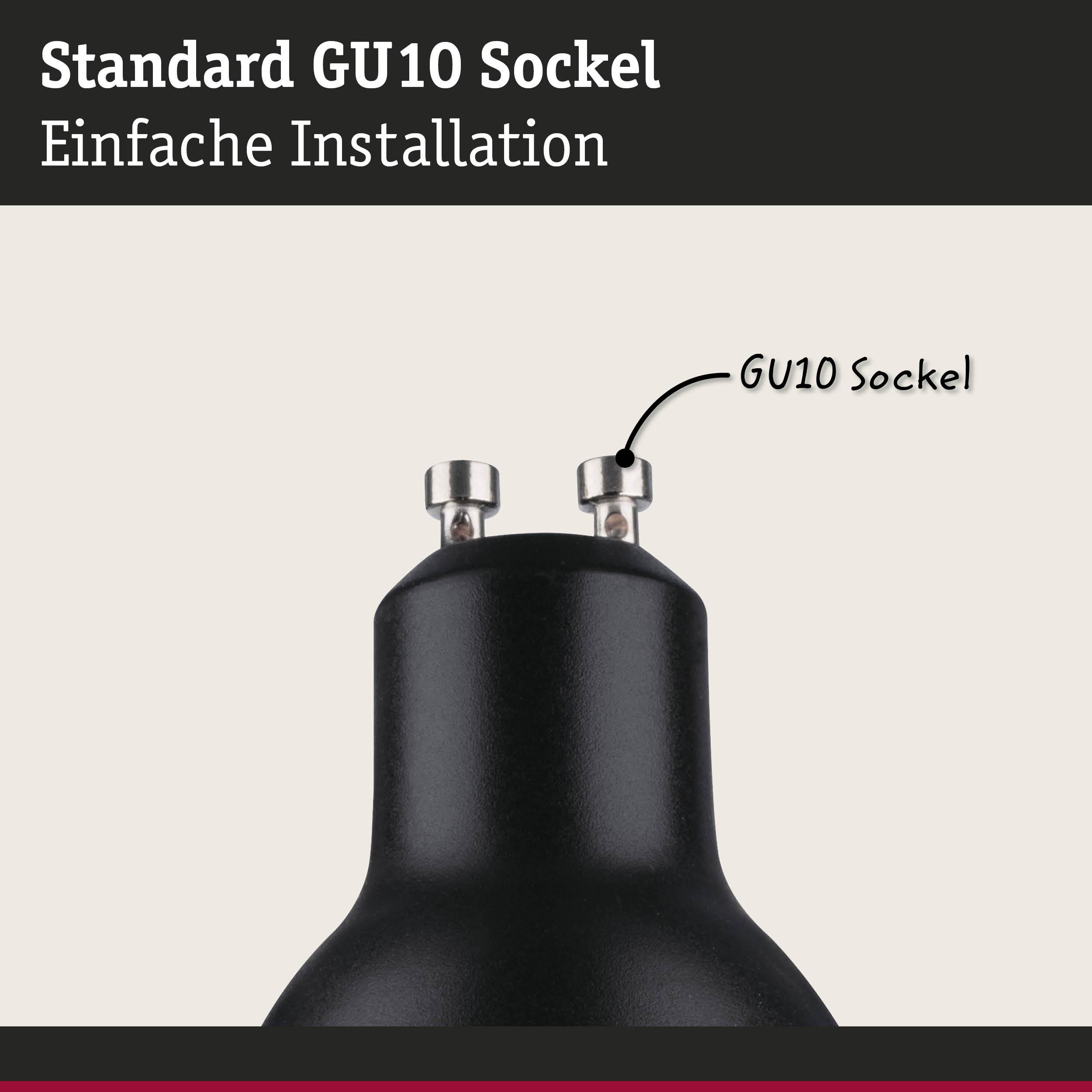 Schwarzer GU10 Sockel aus Kunststoff mit Metallstiften für einfache Installation von LED-Lampen