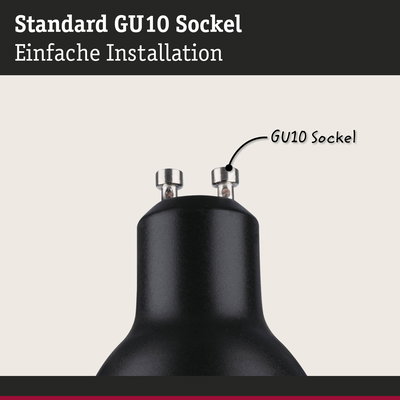 Schwarzer GU10 Sockel aus Kunststoff mit Metallstiften für einfache Installation von LED-Lampen
