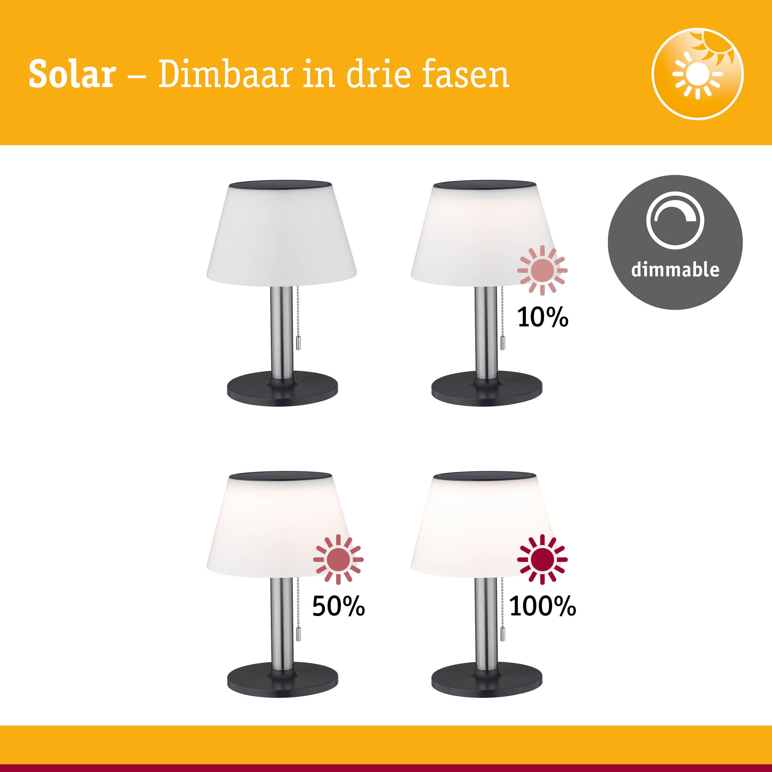 Dimbare solar tafellamp met witte kap en zwarte voet in drie helderheidsniveaus