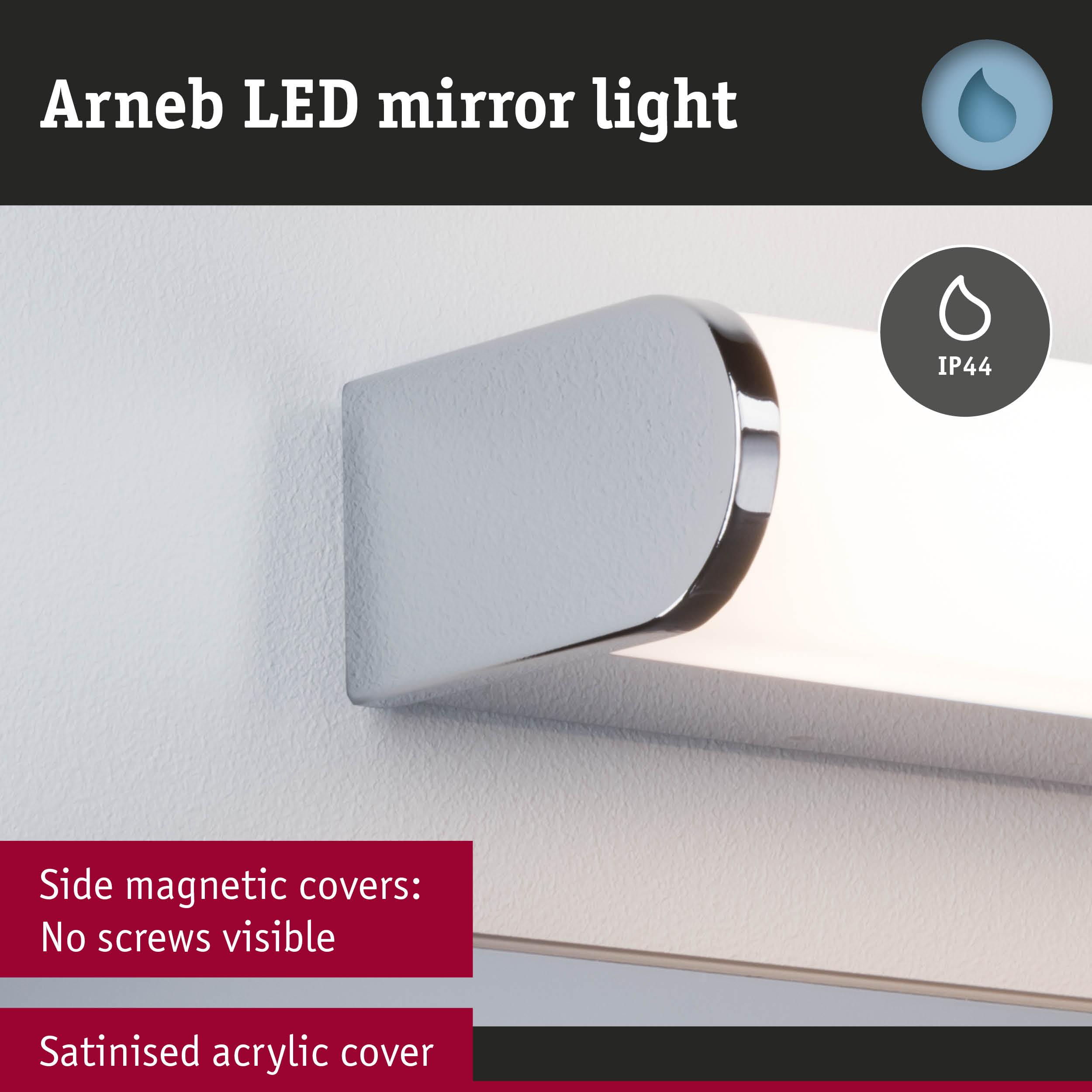 Arneb LED mirror light with satin acrylic cover and side magnetic covers hiding screws for bathroom lighting