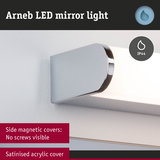 Arneb LED mirror light with satin acrylic cover and side magnetic covers hiding screws for bathroom lighting
