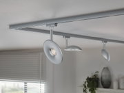 Modern silver metal ceiling light with adjustable round LED spotlights for living spaces