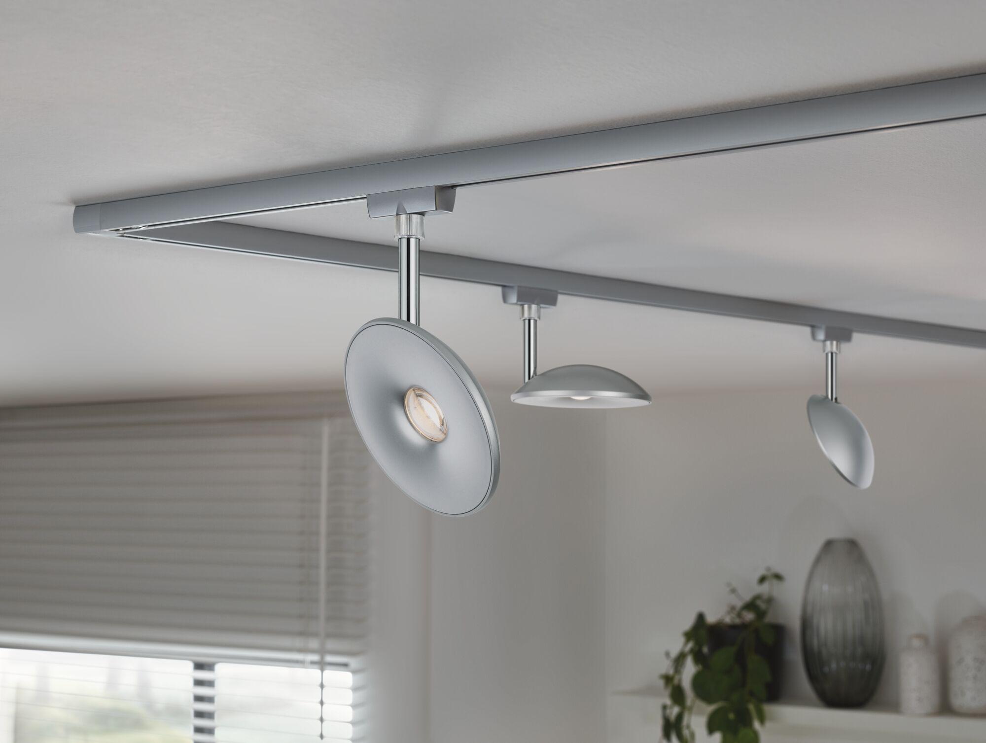 Modern silver metal ceiling light with adjustable round LED spotlights for living spaces