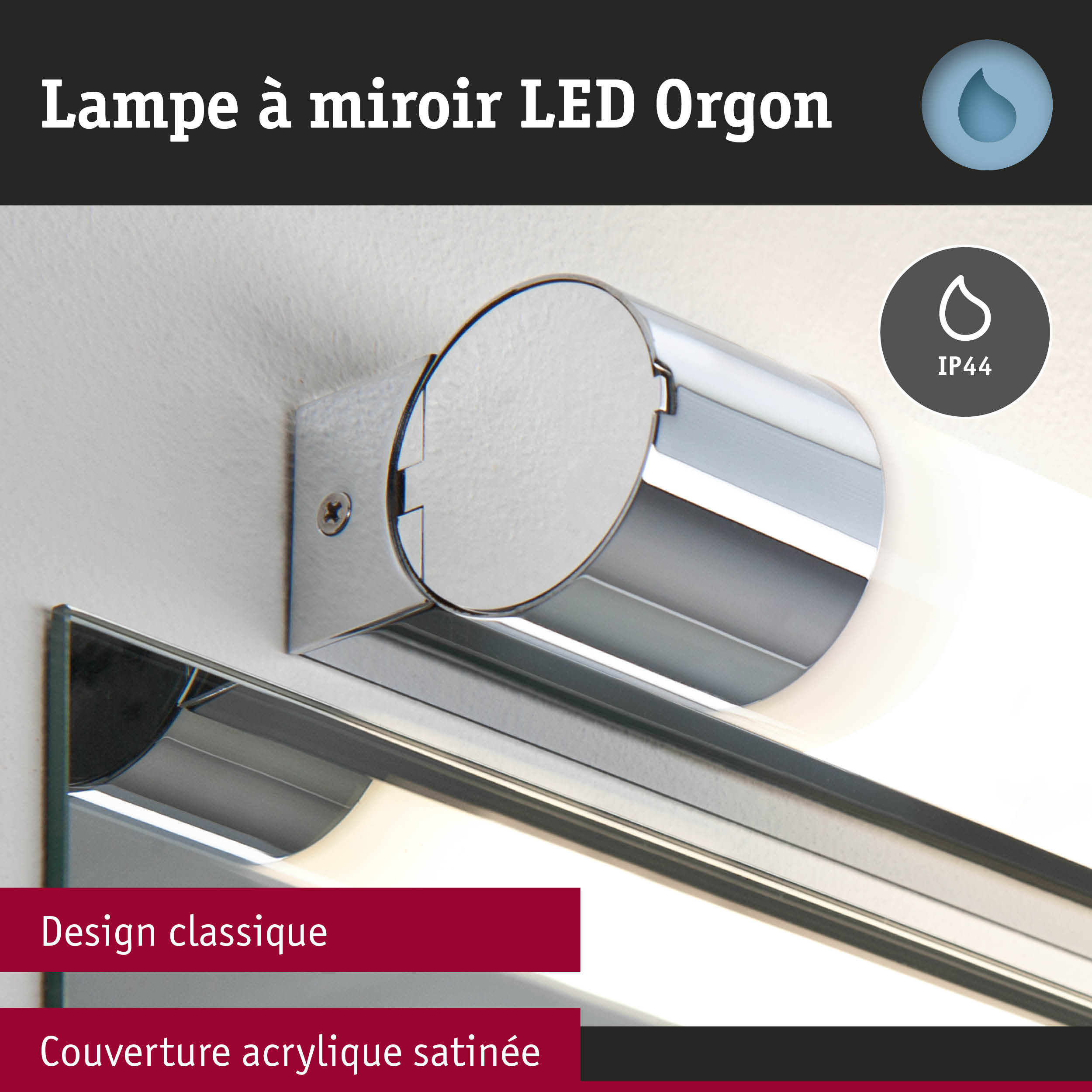 Lampe à miroir LED Orgon en métal chromé avec couverture acrylique satinée et design classique