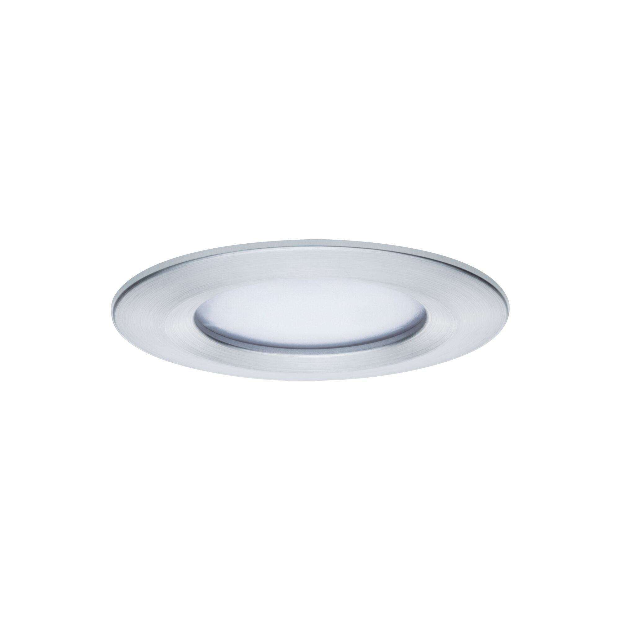 Round LED recessed light in brushed silver aluminum for modern interior lighting solutions