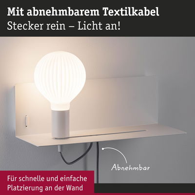 Weiße Wandlampe mit abnehmbarem Textilkabel und warmweißem Licht für einfache Montage
