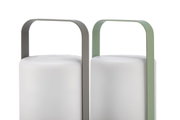 Two modern LED lanterns with white glass and grey and green metal handles for outdoor lighting