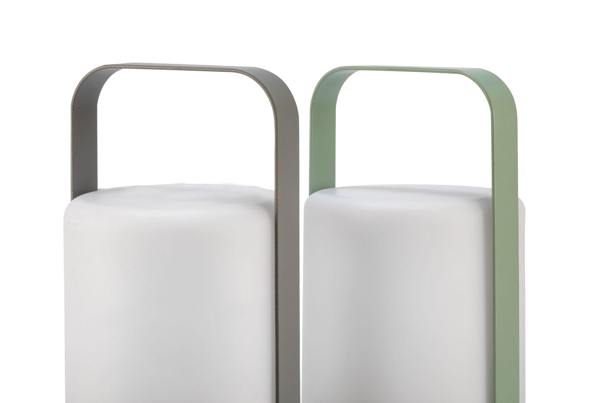 Two modern LED lanterns with white glass and grey and green metal handles for outdoor lighting
