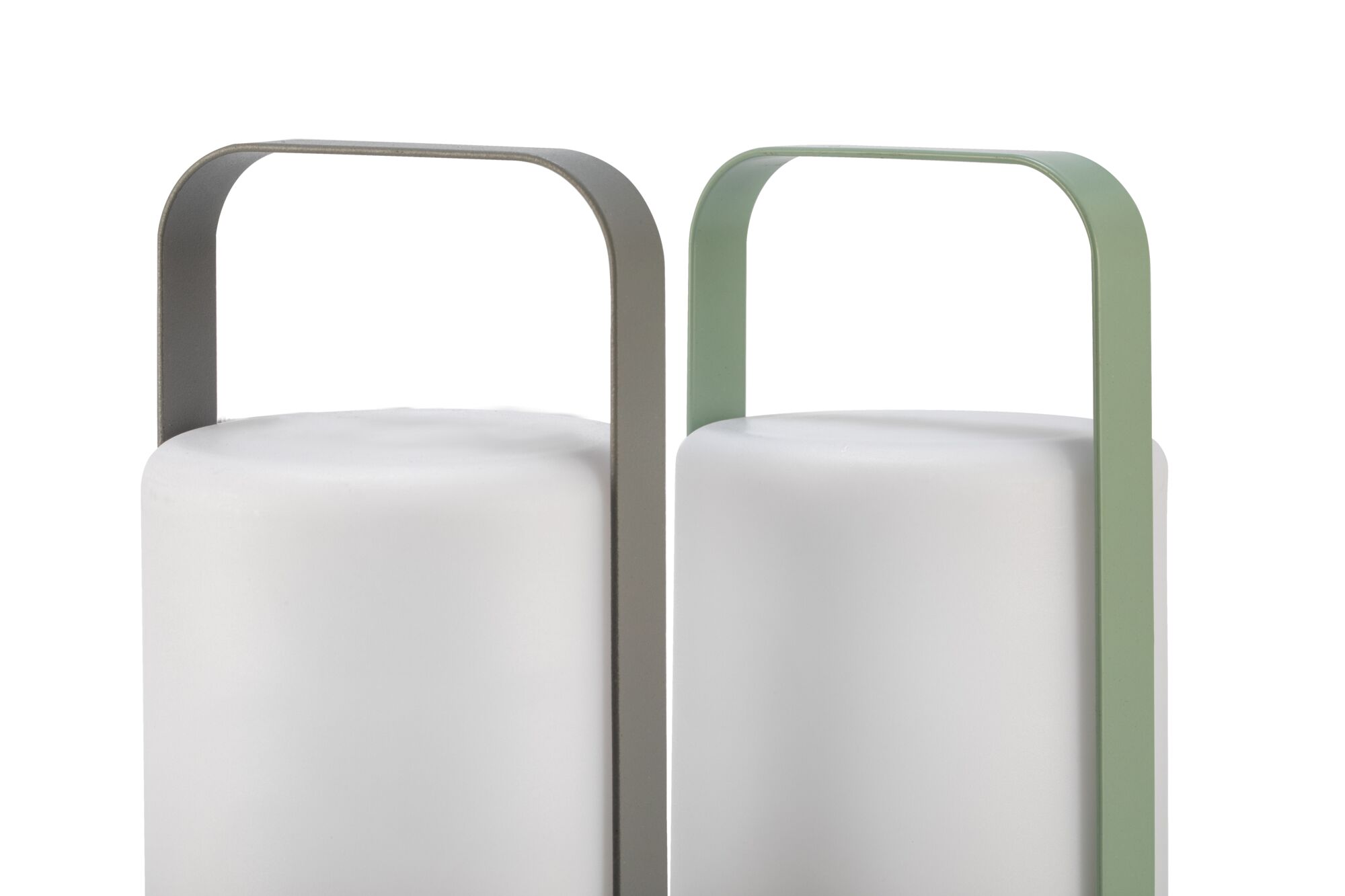 Two modern LED lanterns with white glass and grey and green metal handles for outdoor lighting