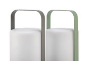 Two modern LED lanterns with white glass and grey and green metal handles for outdoor lighting