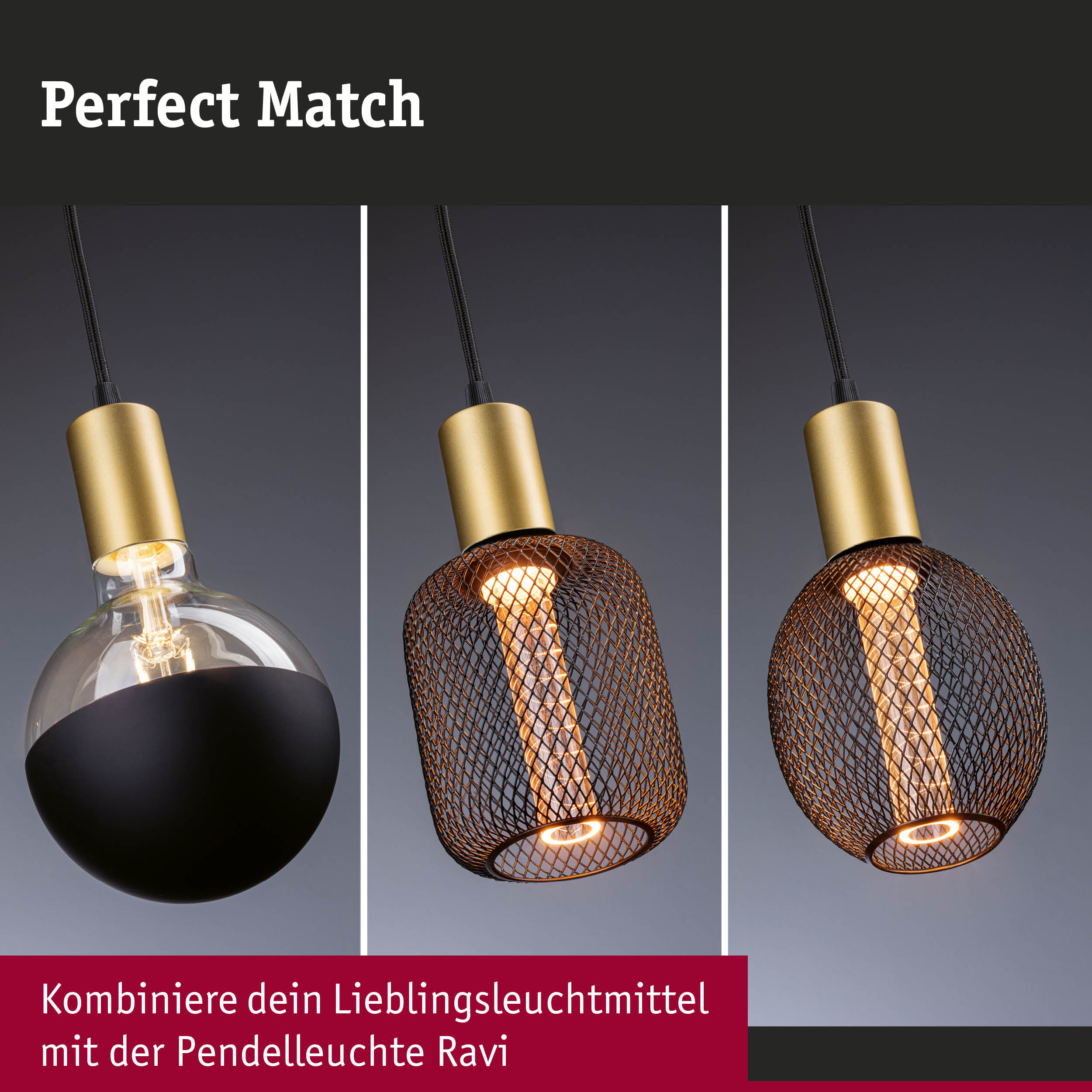 Drei moderne Pendelleuchten mit goldfarbenem Metall und schwarzem sowie kupferfarbenem Gitter für Wohnraumbeleuchtung