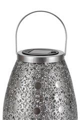Silver metal solar lantern with intricate pattern and handle for outdoor lighting decoration