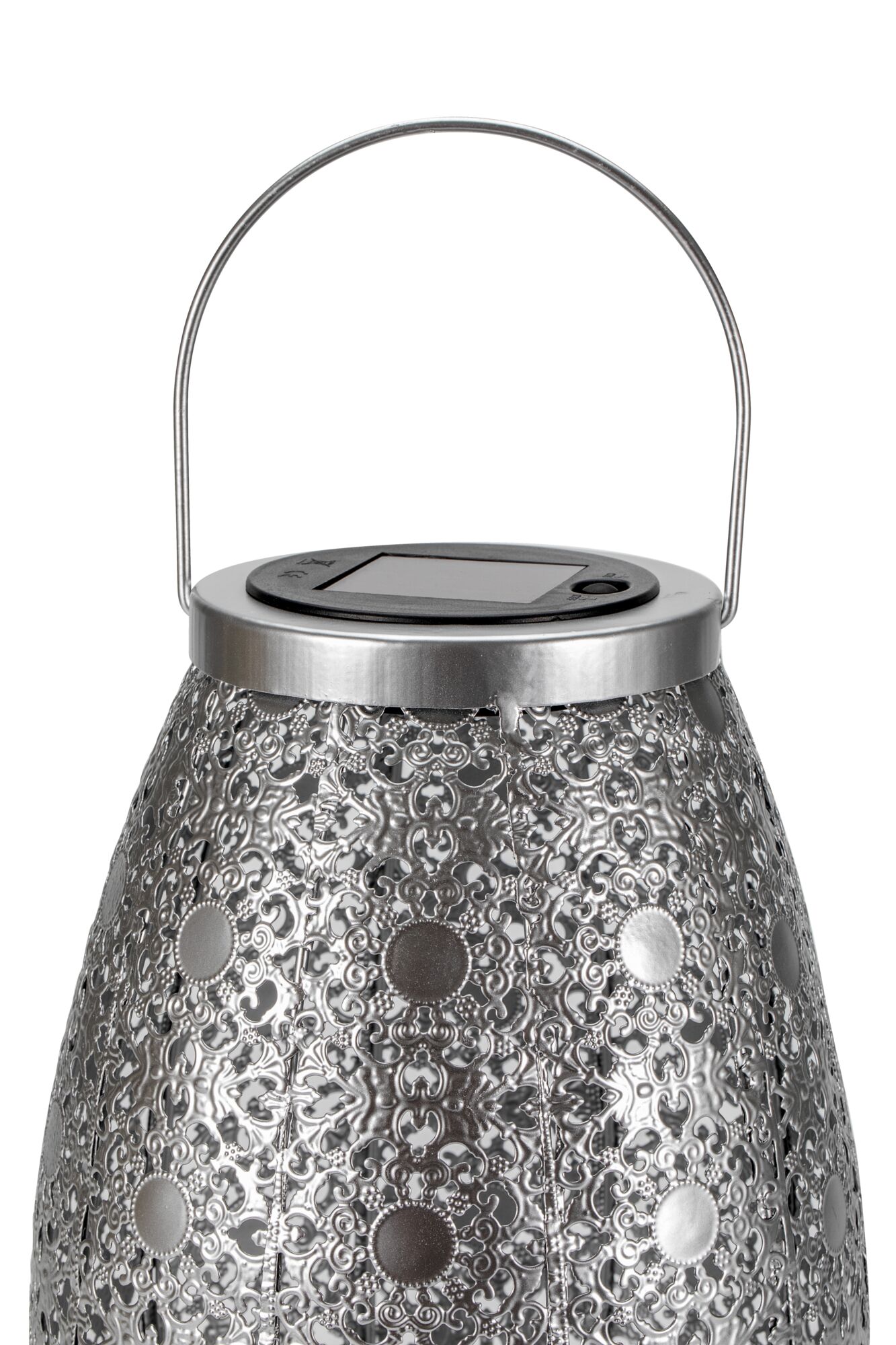 Metal lantern with intricate pattern and solar panel on top for energy-saving outdoor lighting