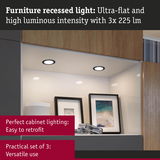Ultra-flat furniture recessed light with 3x 225 lumens for versatile white cabinet lighting.