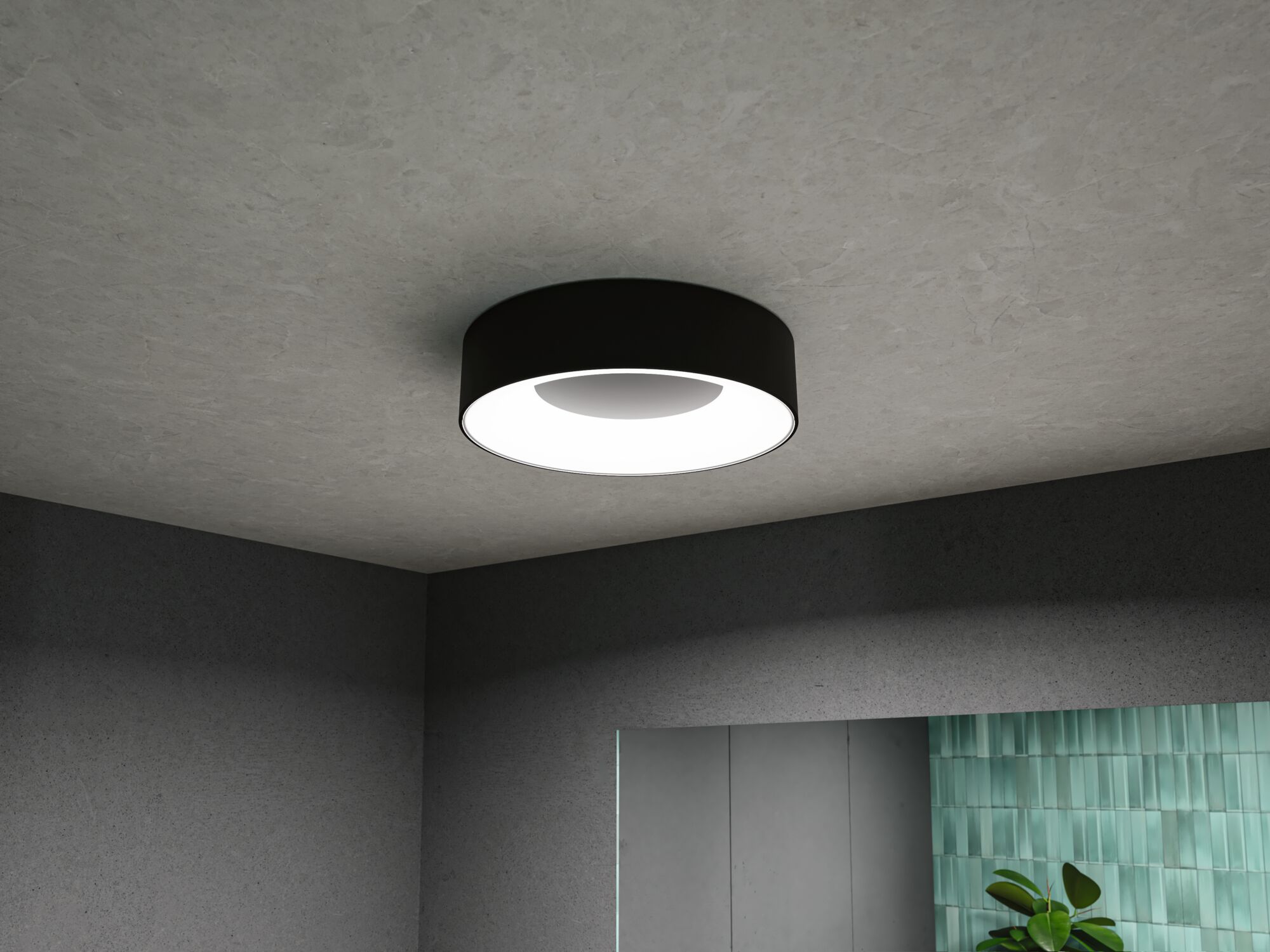 Rund sort loftlampe med hvid diffusor, moderne LED-indendørsbelysning til stuer.