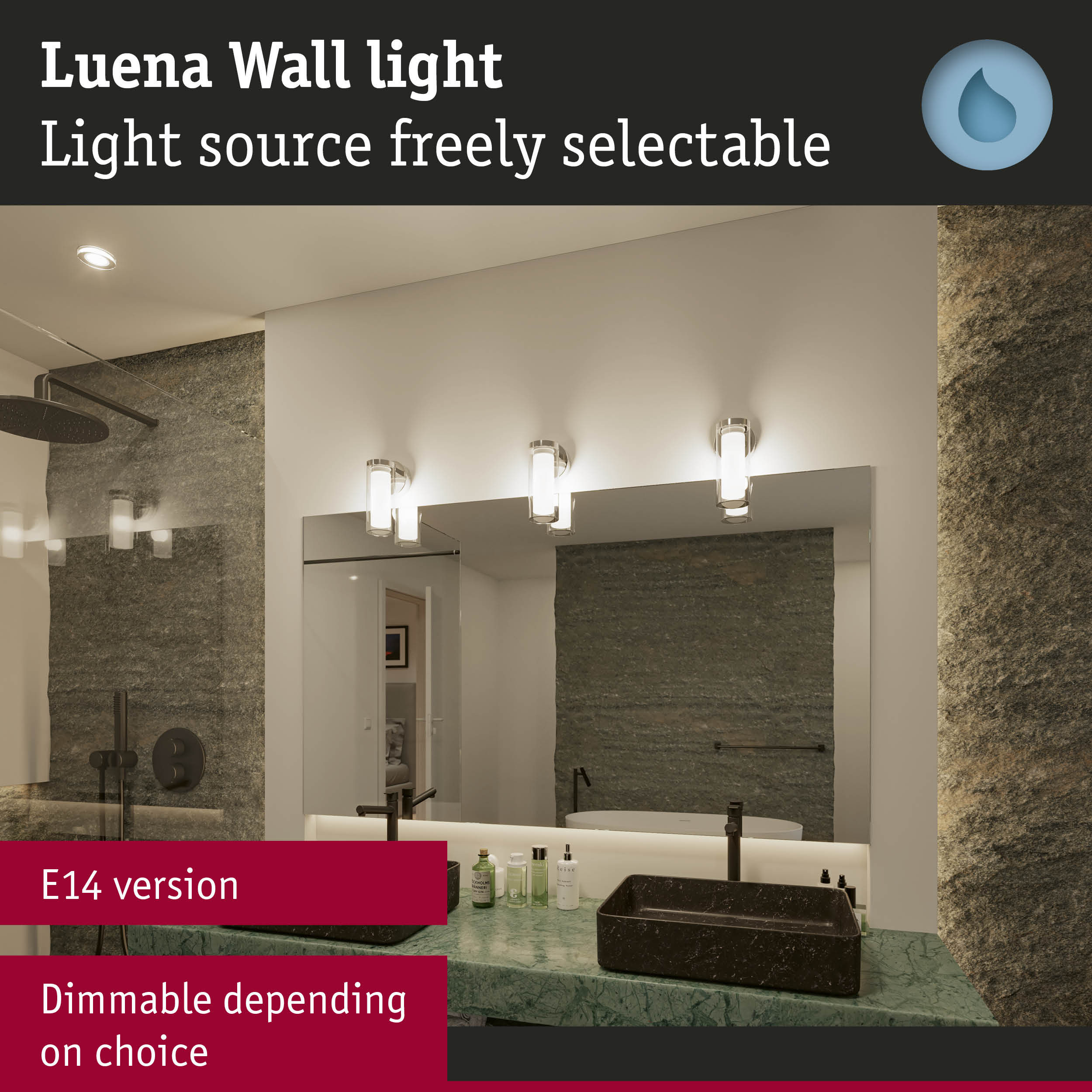 Luena wall light with adjustable light source in modern bathroom featuring green marble countertop