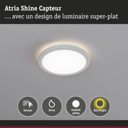 Plafonnier rond blanc Atria Shine avec capteur, indice IP44, lumière blanc neutre et rétroéclairage
