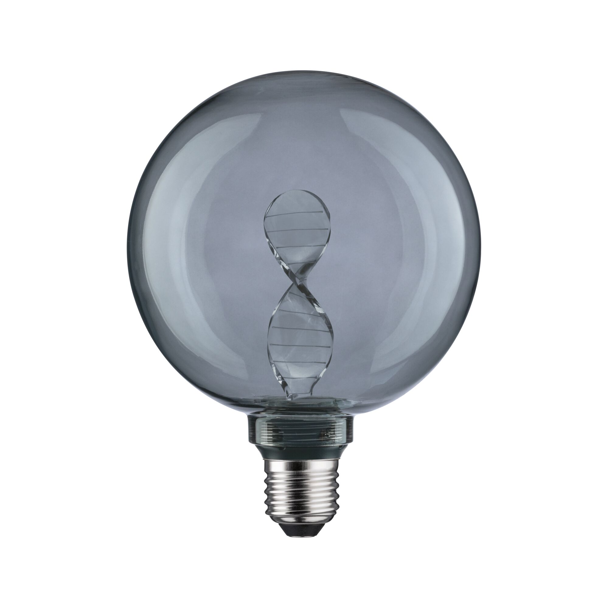 Round LED bulb with twisted filament in smoky glass for decorative lighting and modern lamps