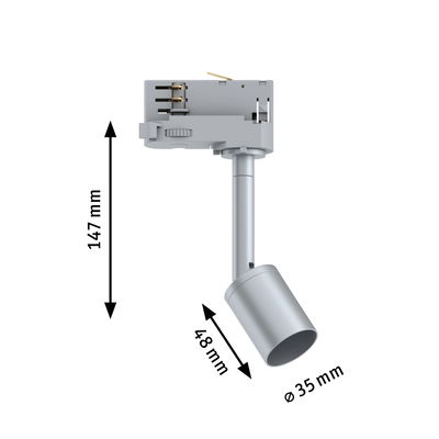 Grauer LED-Strahler mit 147 mm Höhe und 35 mm Durchmesser, kompakte Leuchte für Schienensysteme