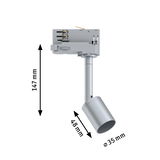 Gray LED spotlight with 147 mm height and 35 mm diameter, compact track lighting fixture