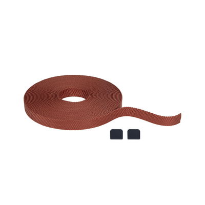 Brown textured textile tape with two black end caps for cable management and organization.
