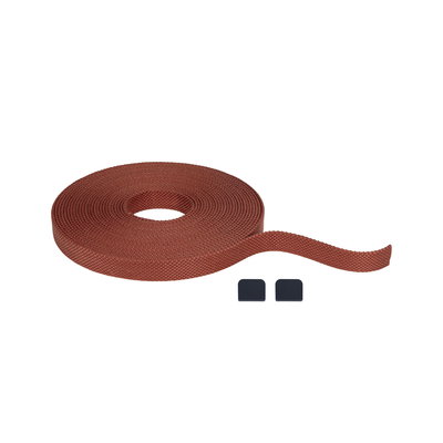 Brown textile tape with two black end caps, versatile for fastening and decorative uses