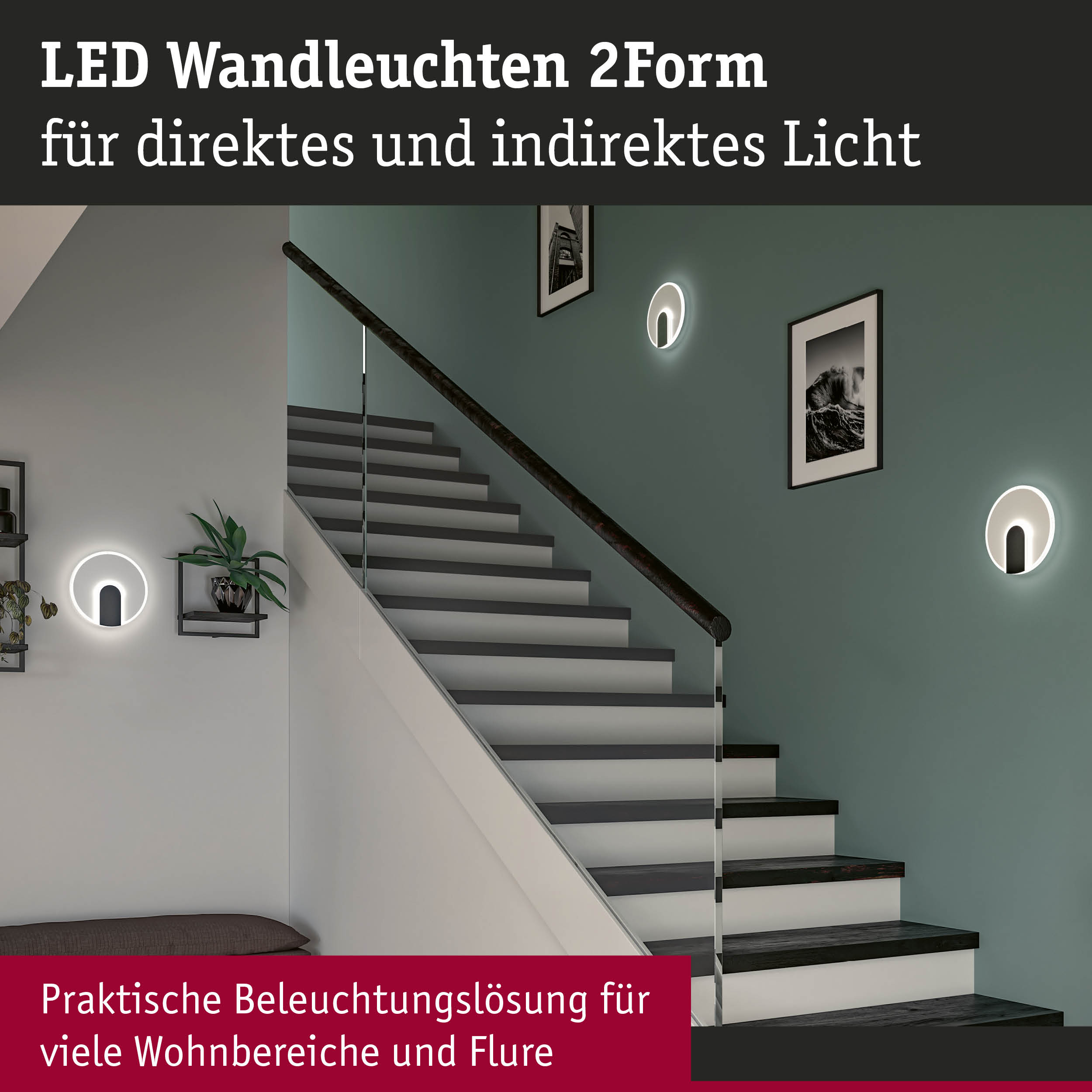 Moderne LED-Wandleuchten 2Form in Weiß für direktes und indirektes Licht im Treppenhaus
