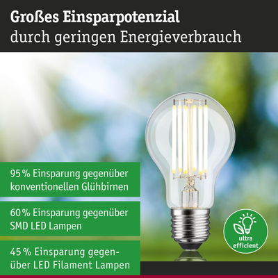Energiesparlampe mit LED-Glühfaden in klarer Glashülle zeigt hohe Energieeinsparung gegenüber herkömmlichen Lampen