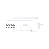 White LED under-cabinet lighting set with two bars, power adapter, connectors, and mounting clips for kitchen lighting
