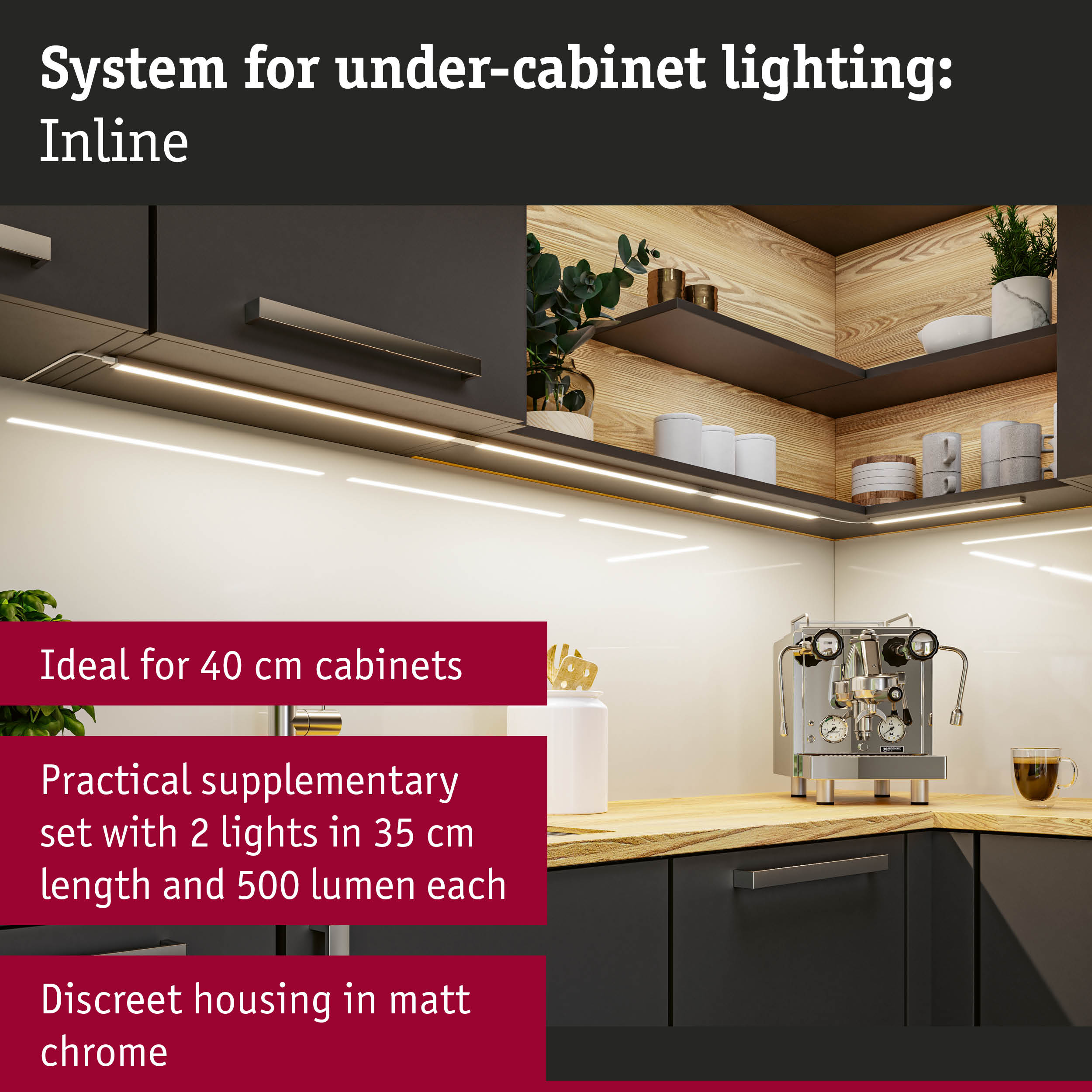 Inline under-cabinet lighting with matte chrome housing and 2 LED strips ideal for 40 cm kitchen cabinets