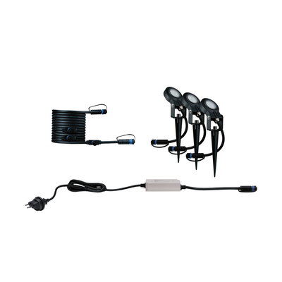Schwarzes LED-Gartenstrahler-Set mit Erdspießen, Kabel und Netzteil für Außenbeleuchtung