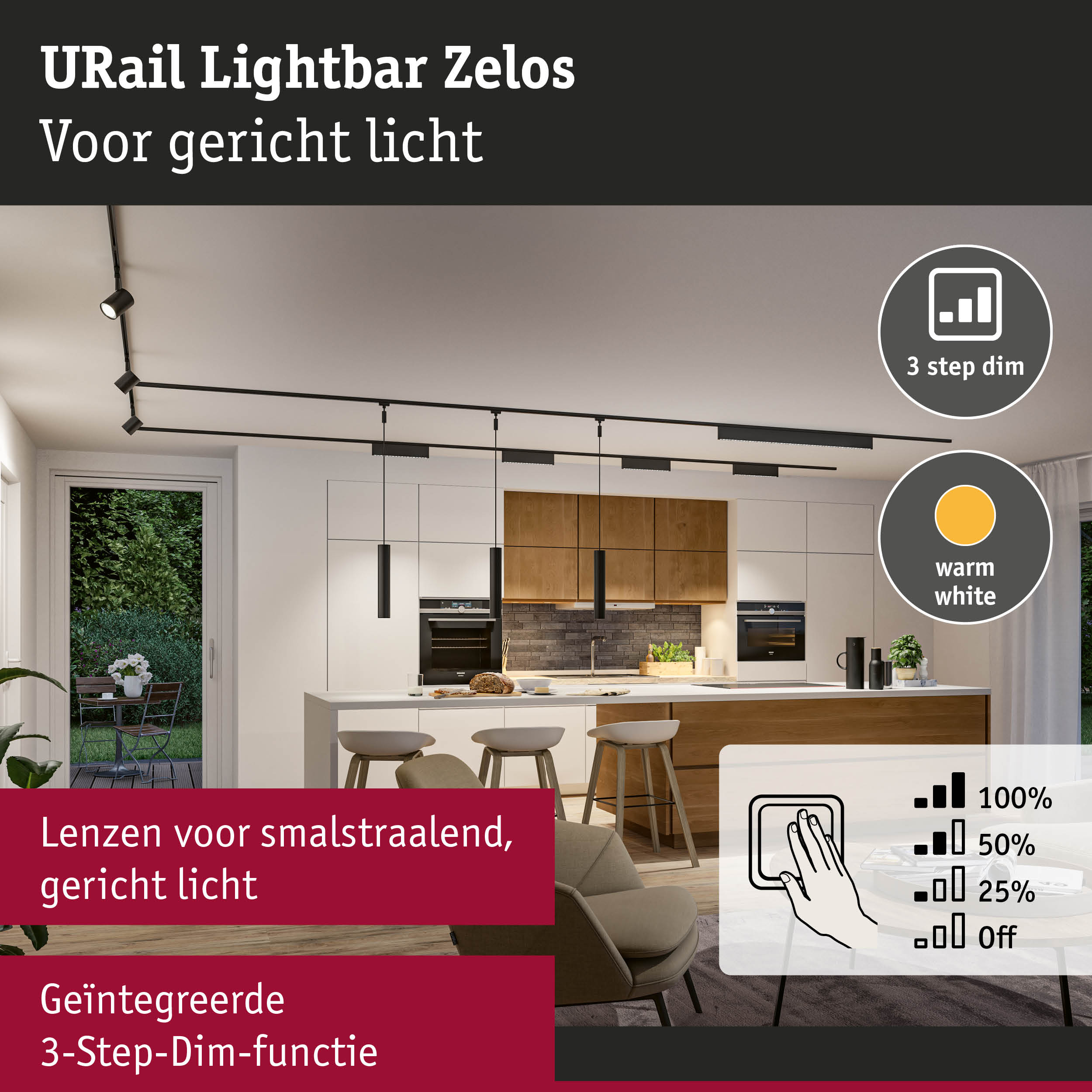 Zwart URail Lightbar Zelos railsysteem met gerichte LED-verlichting en 3-staps dimfunctie in moderne keuken