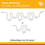 Uitbreidbare LED-lichtkabel met witte bollen en zwarte kabel, tot 30 meter lang