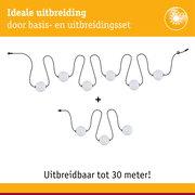 Uitbreidbare LED-lichtkabel met witte bollen en zwarte kabel, tot 30 meter lang