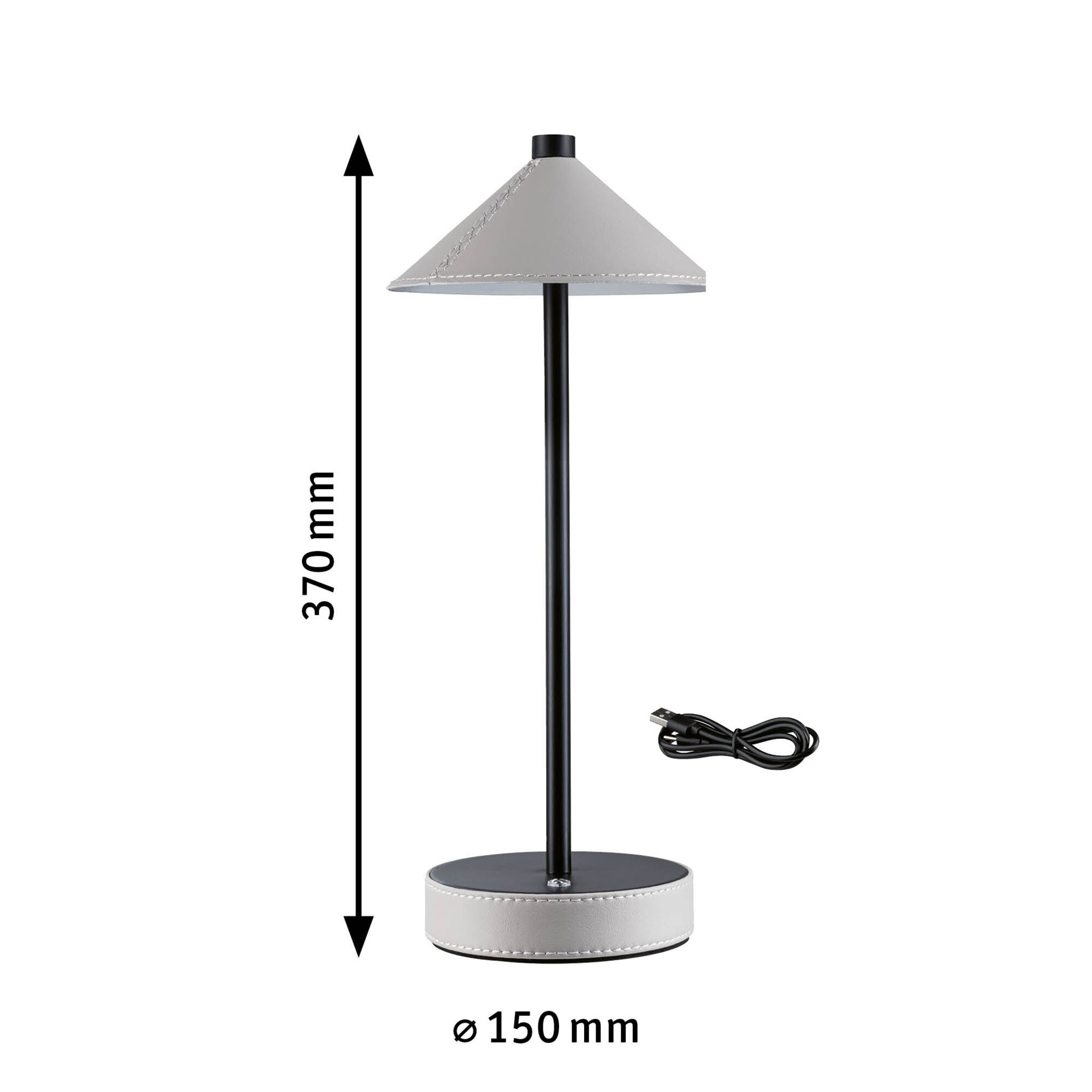 Modern table lamp with grey leather shade and black metal frame, includes USB cable for lighting