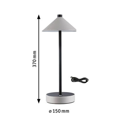 Modern table lamp with grey leather shade and black metal frame, includes USB cable for lighting