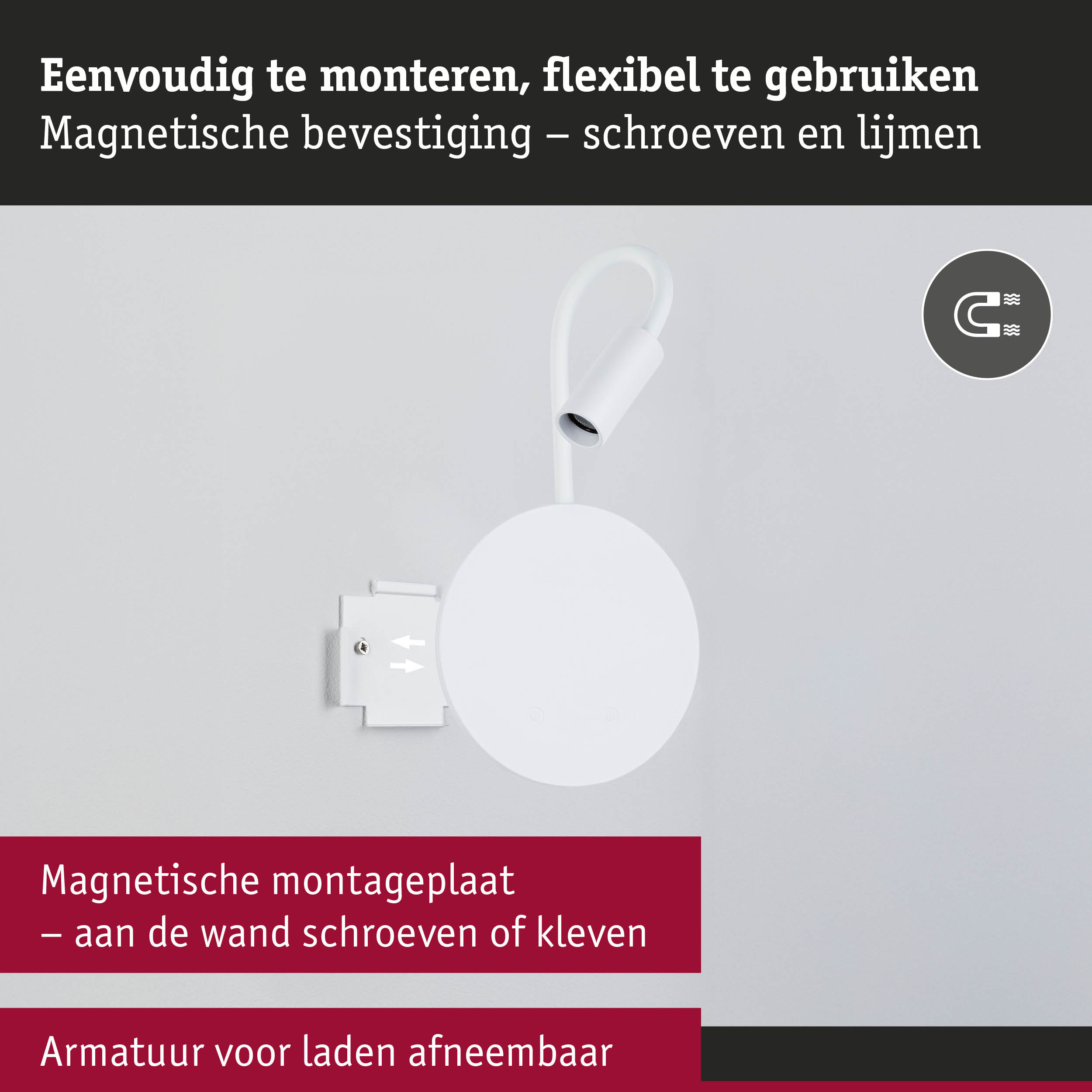 Witte magnetische montageplaat met flexibele arm voor eenvoudige wandmontage en verlichting