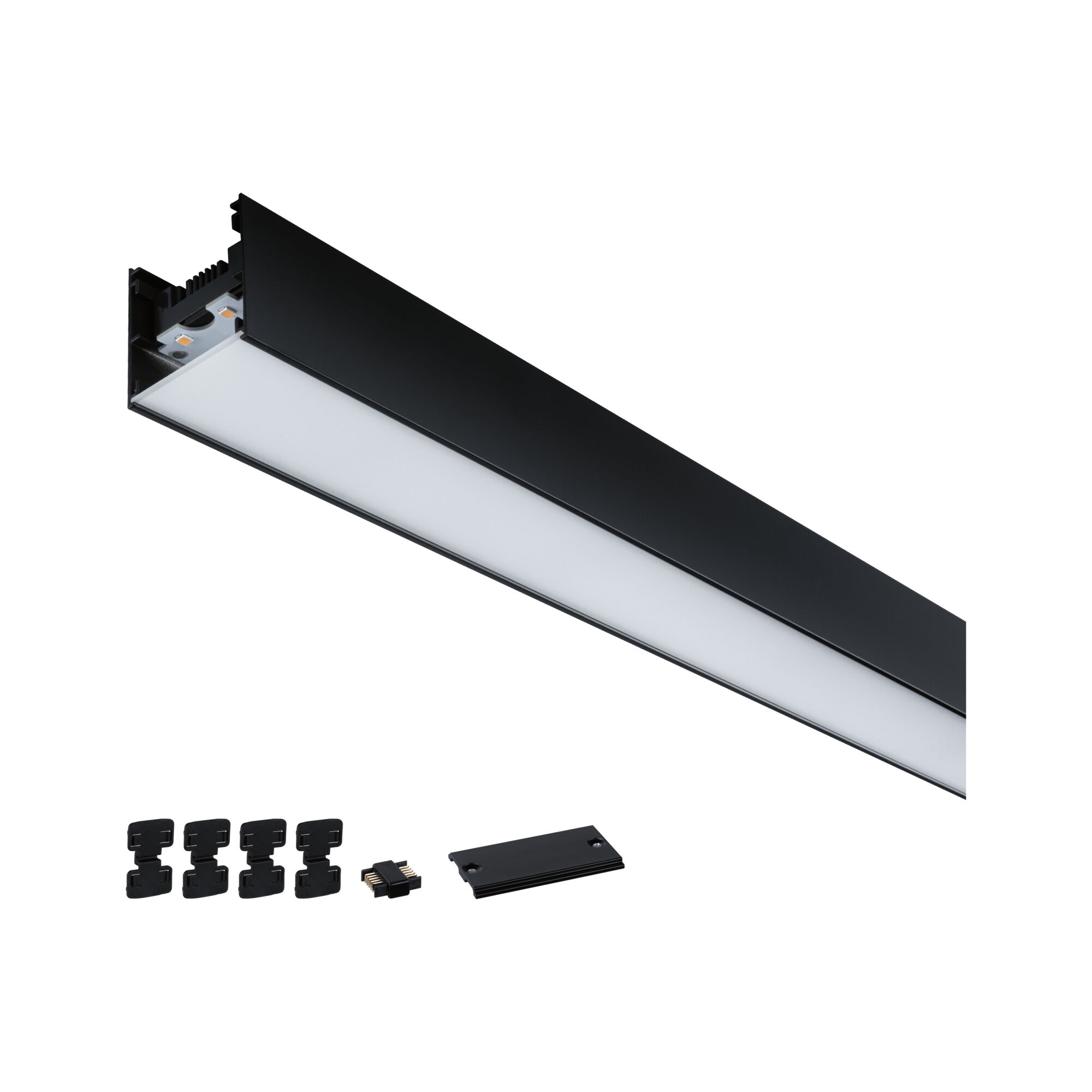 Black LED aluminum profile with frosted diffuser and mounting accessories for modern lighting setups