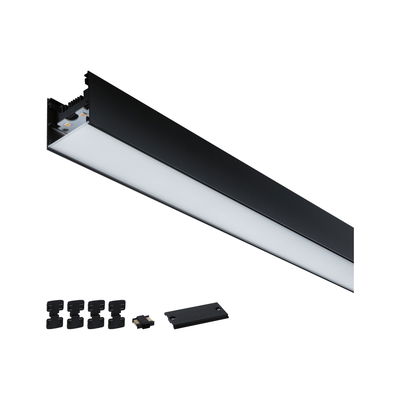 Black LED aluminum profile with frosted diffuser and mounting accessories for modern lighting setups