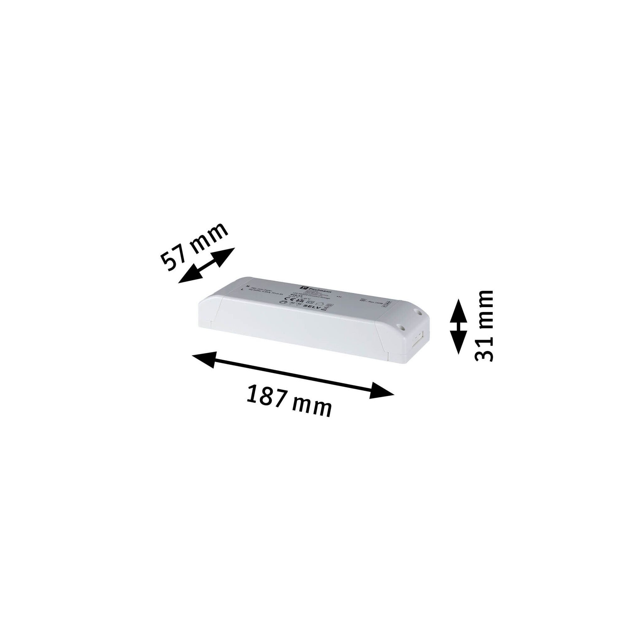 Boîtier en plastique blanc de 187x57x31 mm pour pilote LED avec dimensions techniques